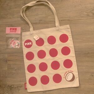 🔥VS Pink htf canvas tote bag & matching pack of 4 rare PINK Beauty stickers NWT